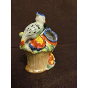 Flower Basket & Parrot Bird Figurine Lustreware Made Japan Sewing Pin Cushion‎